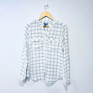 SEARS White and black plaid sheer blouse
